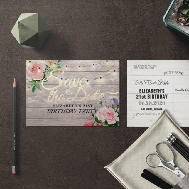 Invitation Carte Postale Fête Anniversaire Économisez La Date Fleurs Lumièr (Créateur téléchargé)