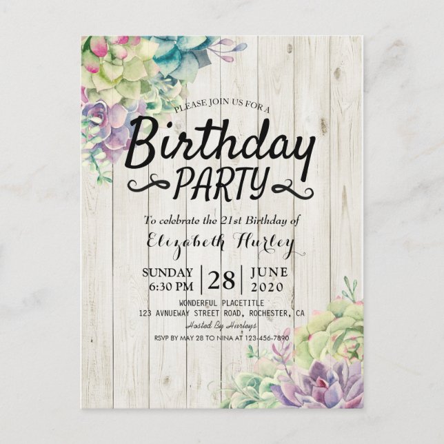 Invitation Carte Postale Fête Anniversaire Moderne Succulent Plante Bois ru (Devant)
