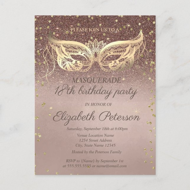 Invitation Carte Postale Fête d'anniversaire 18 ans Mascarade Diamants Bril (Devant)