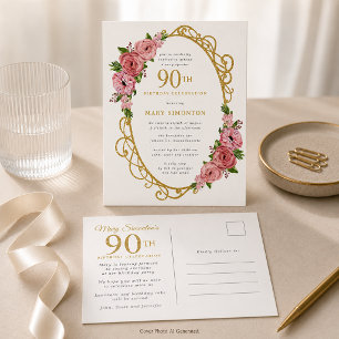 Invitation Carte Postale Fête d'anniversaire 90 ans Pink Gold Floral