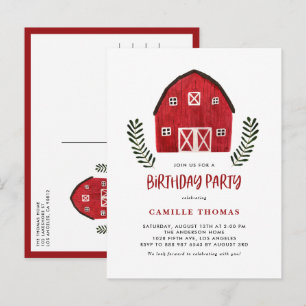 Invitation Carte Postale Fête d'anniversaire à la ferme avec aquarelle de g
