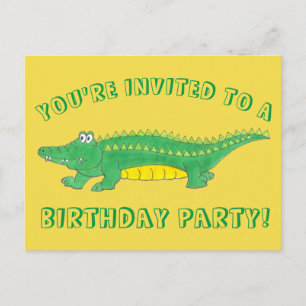 Invitation Carte Postale Fête d'anniversaire Alligator Crocodile Jaune Vert