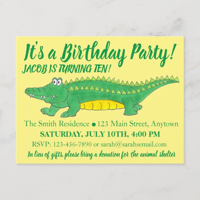 Invitation Carte Postale Fête d'anniversaire Alligator Crocodile vert jaune (Devant)