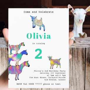 Invitation Carte Postale Fête d'anniversaire aux chèvres de la ferme coloré