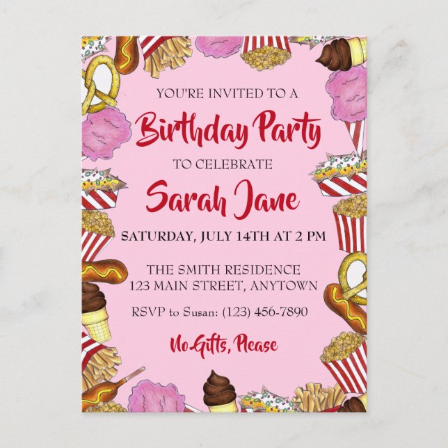 Invitation Carte Postale Fête d'anniversaire aux nourritures de la foire d' (Devant)