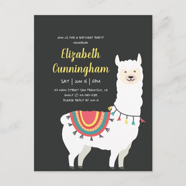 Invitation Carte Postale Fête d'anniversaire avec Lama et Ballon Mignon (Devant)