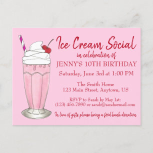 Invitation Carte Postale Fête d'anniversaire avec milkshake rose et glace