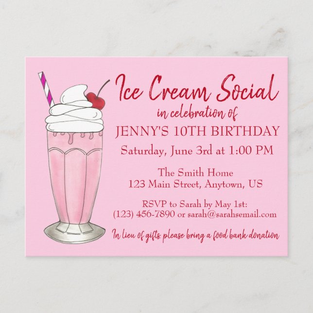 Invitation Carte Postale Fête d'anniversaire avec milkshake rose et glace (Devant)