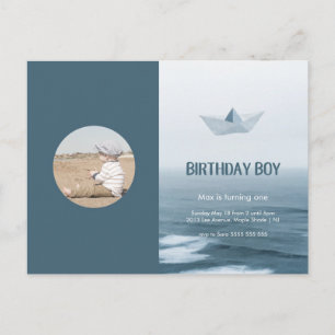 Invitation Carte Postale Fête d'anniversaire bleue de garçon de bateau