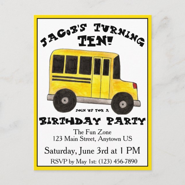 Invitation Carte Postale Fête d'anniversaire d'enfant dans un grand bus sco (Devant)