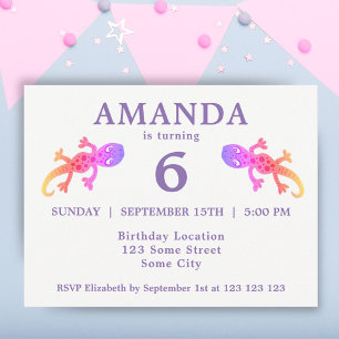 Invitation Carte Postale Fête d'anniversaire des filles au gecko rose migno