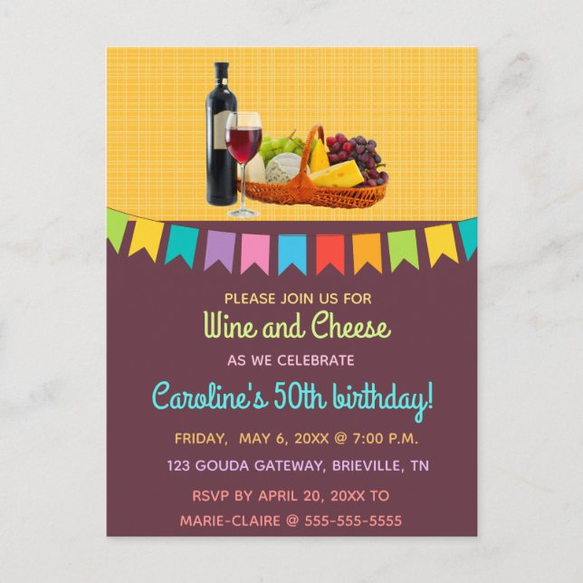 Invitation Carte Postale Fête d'anniversaire du vin et du fromage (Devant)