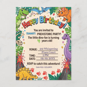 Invitation Carte Postale Fête d'anniversaire pour enfants dinosaures préhis