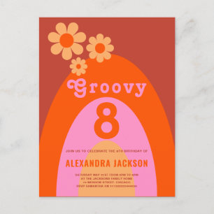Invitation Carte Postale Fête d'anniversaire Rétro Groovy pour 8 filles