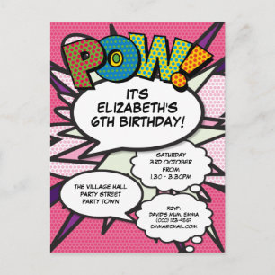 Invitation Carte Postale Fête d'anniversaire rose bande dessinée moderne PO