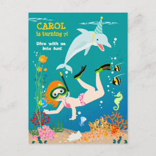 Invitation Carte Postale Fête d'anniversaire sous-marine dauphins et fille