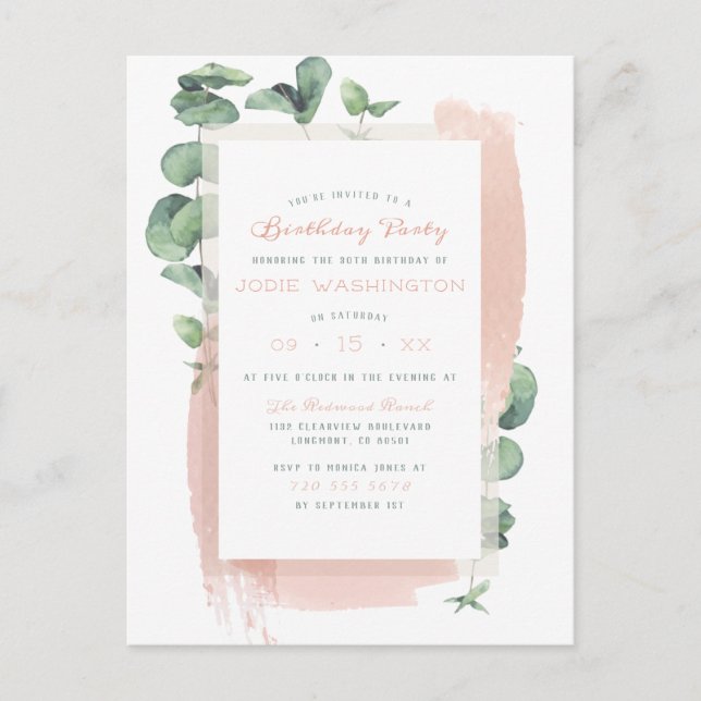 Invitation Carte Postale Fête d'anniversaire spéciale pour pinceau rose gla (Devant)