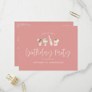 Invitation Carte Postale Fête d'anniversaire stylisée, cocktail moderne ros