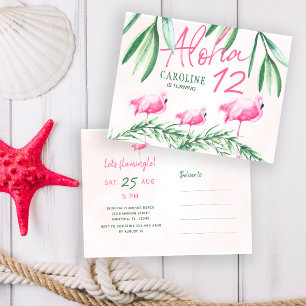 Invitation Carte Postale Fête d'anniversaire tropicale Aloha luau Flamingle