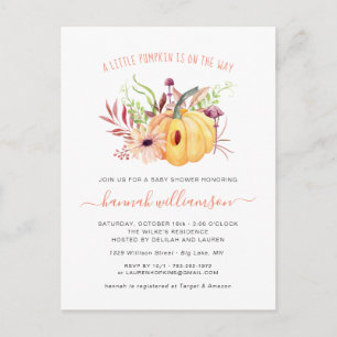 Invitation Carte Postale Fête de bébé petite citrouille neutre en genre Aut