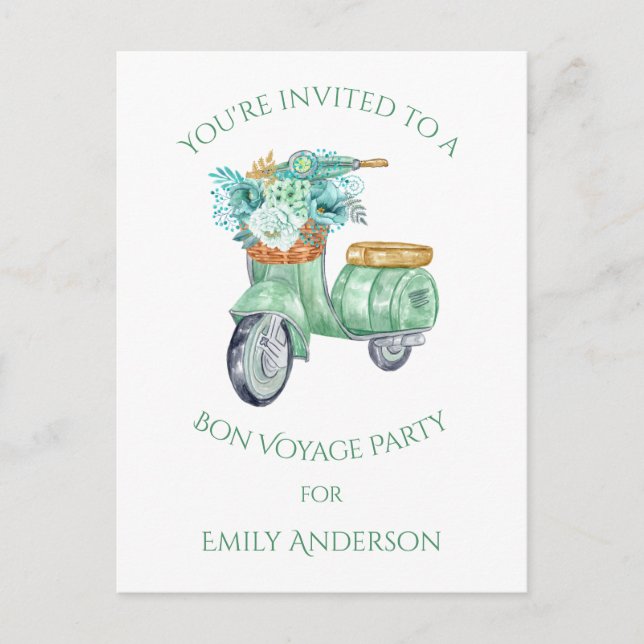 Invitation Carte Postale Fête de départ avec fleurs de menthe et scooter (Devant)
