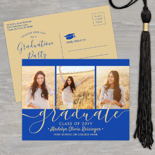 Invitation Carte Postale Fête de fin d'études Moderne Bleu Royal & Or 3 Pho