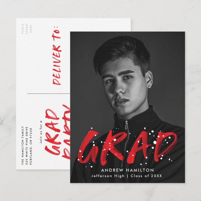 Invitation Carte Postale Fête de graduation de peinture rouge moderne (Devant / Derrière)