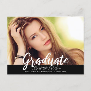 Invitation Carte Postale Fête de graduation photo moderne Bannière noire