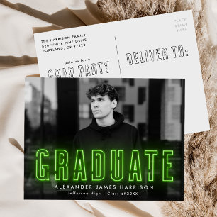 Invitation Carte Postale Fête de graduation photo moderne Lime Green Neon