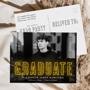 Invitation Carte Postale Fête de graduation photo moderne Yellow Neon