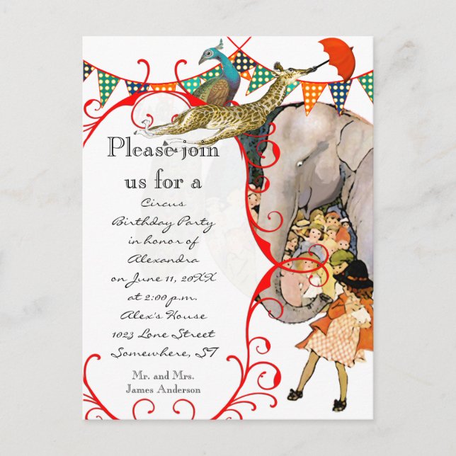 Invitation Carte Postale Fête de la Giraffe Eléphant Peacock Circus Enfants (Devant)