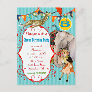Invitation Carte Postale Fête de la Giraffe Eléphant Peacock Circus Enfants