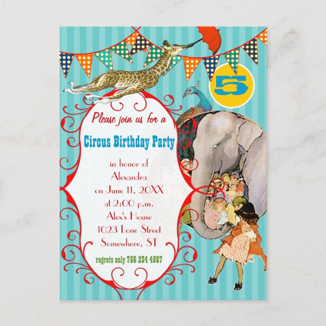 Invitation Carte Postale Fête de la Giraffe Eléphant Peacock Circus Enfants (Devant)