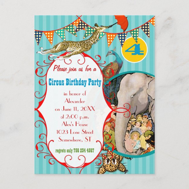 Invitation Carte Postale Fête de la Giraffe Eléphant Peacock Circus Enfants (Devant)