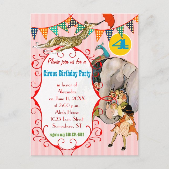 Invitation Carte Postale Fête de la Giraffe Eléphant Peacock Circus Enfants (Devant)