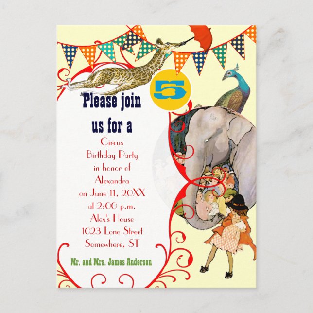 Invitation Carte Postale Fête de la Giraffe Eléphant Peacock Circus Enfants (Devant)