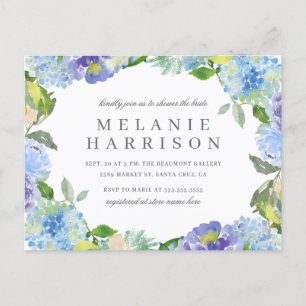 Invitation Carte Postale Fête de la mariée bleue de guirlande d'hortensia