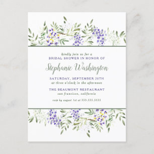 Invitation Carte Postale Fête de la mariée florale d'aquarelle pourpre de