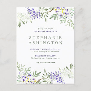 Invitation Carte Postale Fête de la mariée pourpre de glycines d'aquarelle