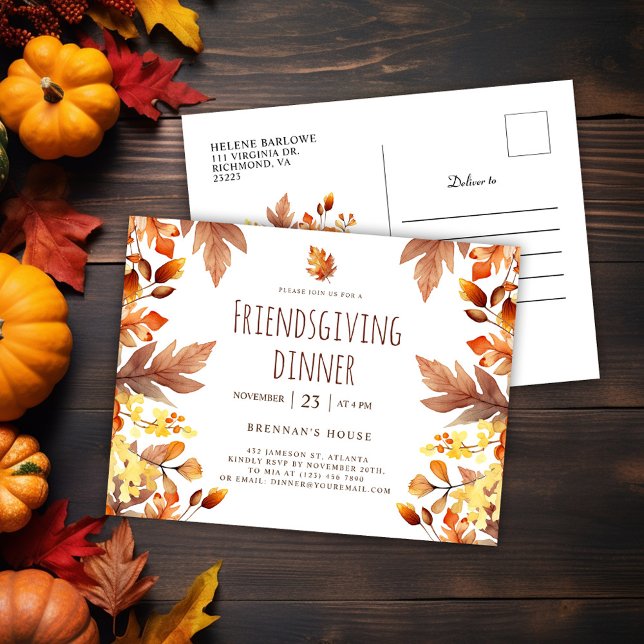 Invitation Carte Postale Fête de l'Action d'Ami Dîner de Thanksgiving moder (Fall Modern Friendsgiving Dinner Invitation Postcard)
