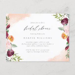 Invitation Carte Postale Fête de l'mariée botanique florale chic Burgundy B