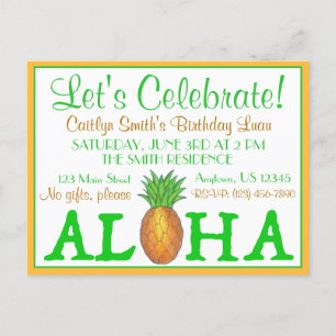 Invitation Carte Postale Fête de Luau d'île tropicale Ananas Hawaï Aloha