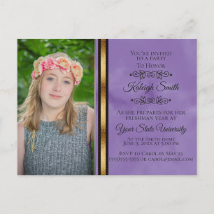 Invitation Carte Postale Fête de malle universitaire photo or noir violet