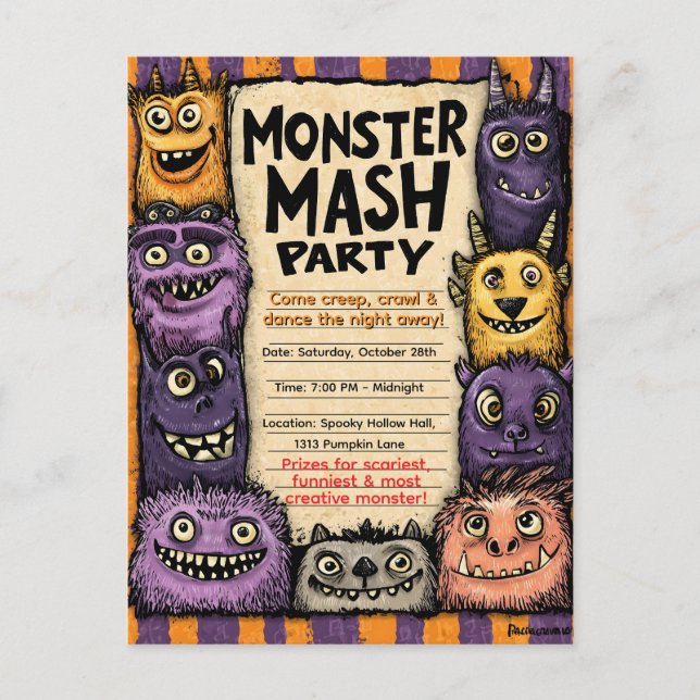 Invitation Carte Postale "Fête de Monster Mash" avec des monstres mignons (Devant)