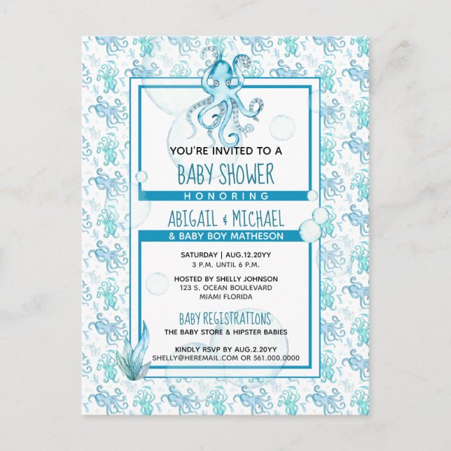 Invitation Carte Postale Fête de naissance de la pieuvre bleu sarcelle, thè (Devant)