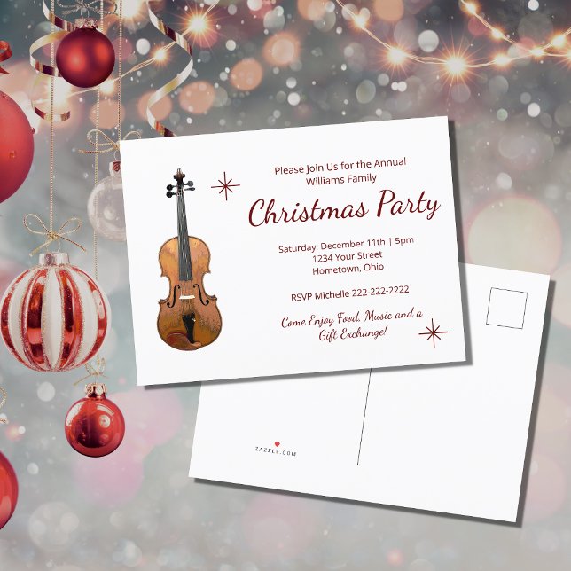 Invitation Carte Postale Fête de Noël Musicale Élégante Violon  (Créateur téléchargé)