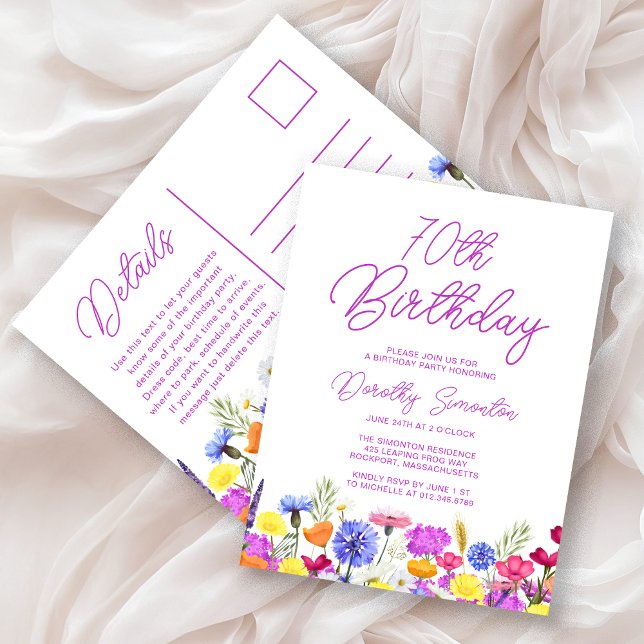 Invitation Carte Postale Fête des 70 ans Fleurs sauvages violettes Abordabl (Créateur téléchargé)