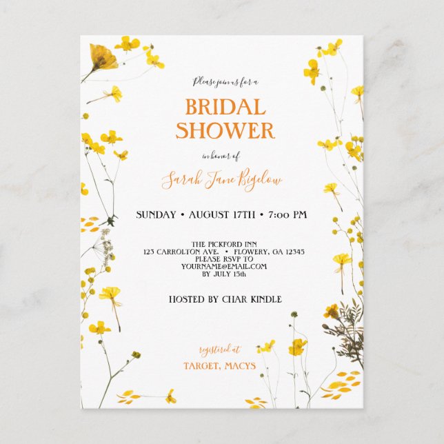 Invitation Carte Postale Fête des mariées Boho Fleur sauvage Pressé Budget (Devant)