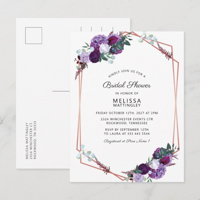 Invitation Carte Postale Fête des mariées de cadre géométrique florale viol (Devant / Derrière)