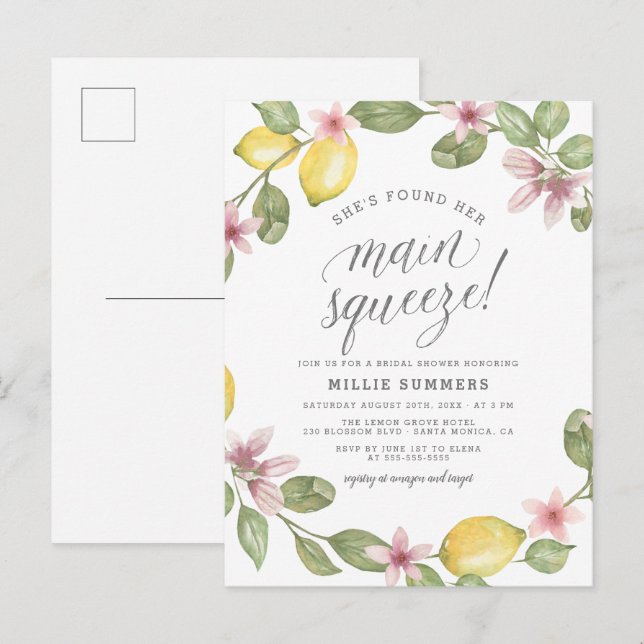 Invitation Carte Postale Fête des mariées de couronnes de citron fleuri (Devant / Derrière)
